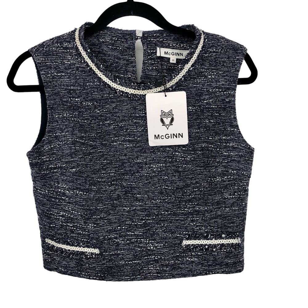 BRAND NEW McGinn Sleeveless Blouse Tweed Shell Top Blue White Size S MSRP $128